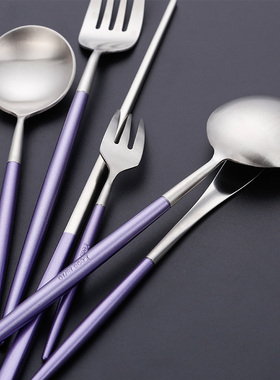 欧式304不锈钢牛排刀叉勺西餐餐具套装甜品叉勺创意紫色柄镀金款