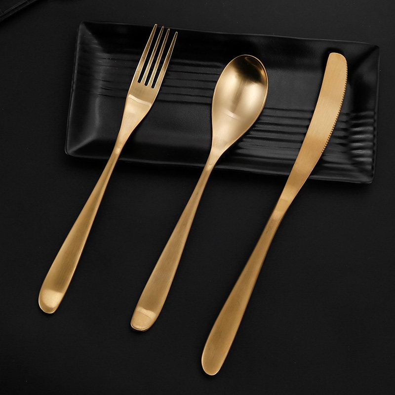 雾面不锈钢刀叉餐具拉丝牛排刀叉勺套装金色沙拉叉弯月西餐具套装