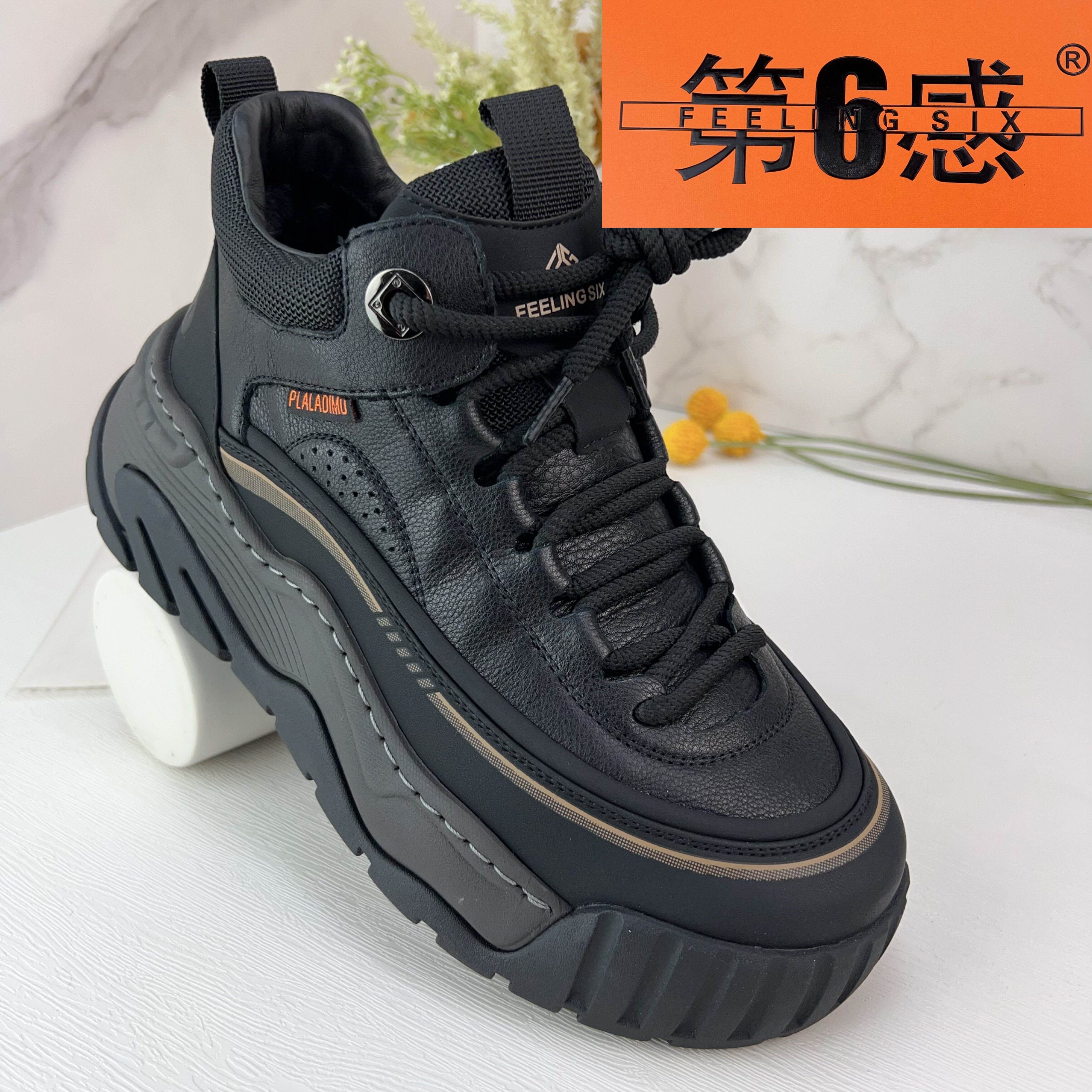 第六感2025新款头层牛皮高帮皮鞋男冬季加绒保暖商务休闲厚底靴子