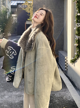 ins港风复古绿色皮毛一体外套女2025新款冬季宽松休闲加绒外套潮