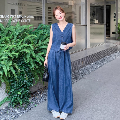 韩系通勤无袖牛仔马甲阔腿裤套装