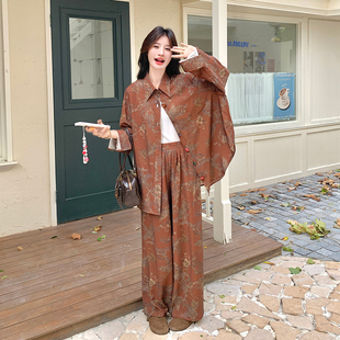 老钱风奶奶式复古花色衬衫阔腿裤套装女穿搭2025新款超火一整套秋