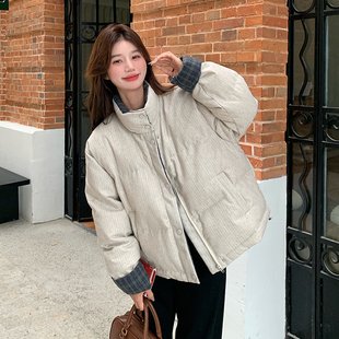 老钱风条纹面包羽绒服女2025新款冬季韩版超火宽松蓬松白鸭绒外套