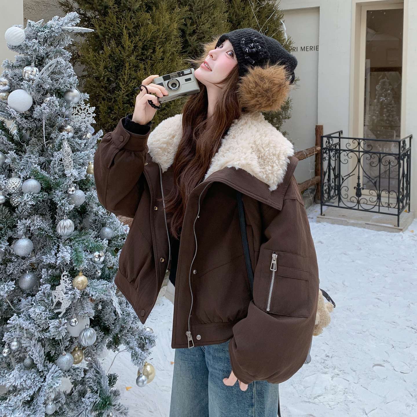 复古工装风大翻领派克服女短款