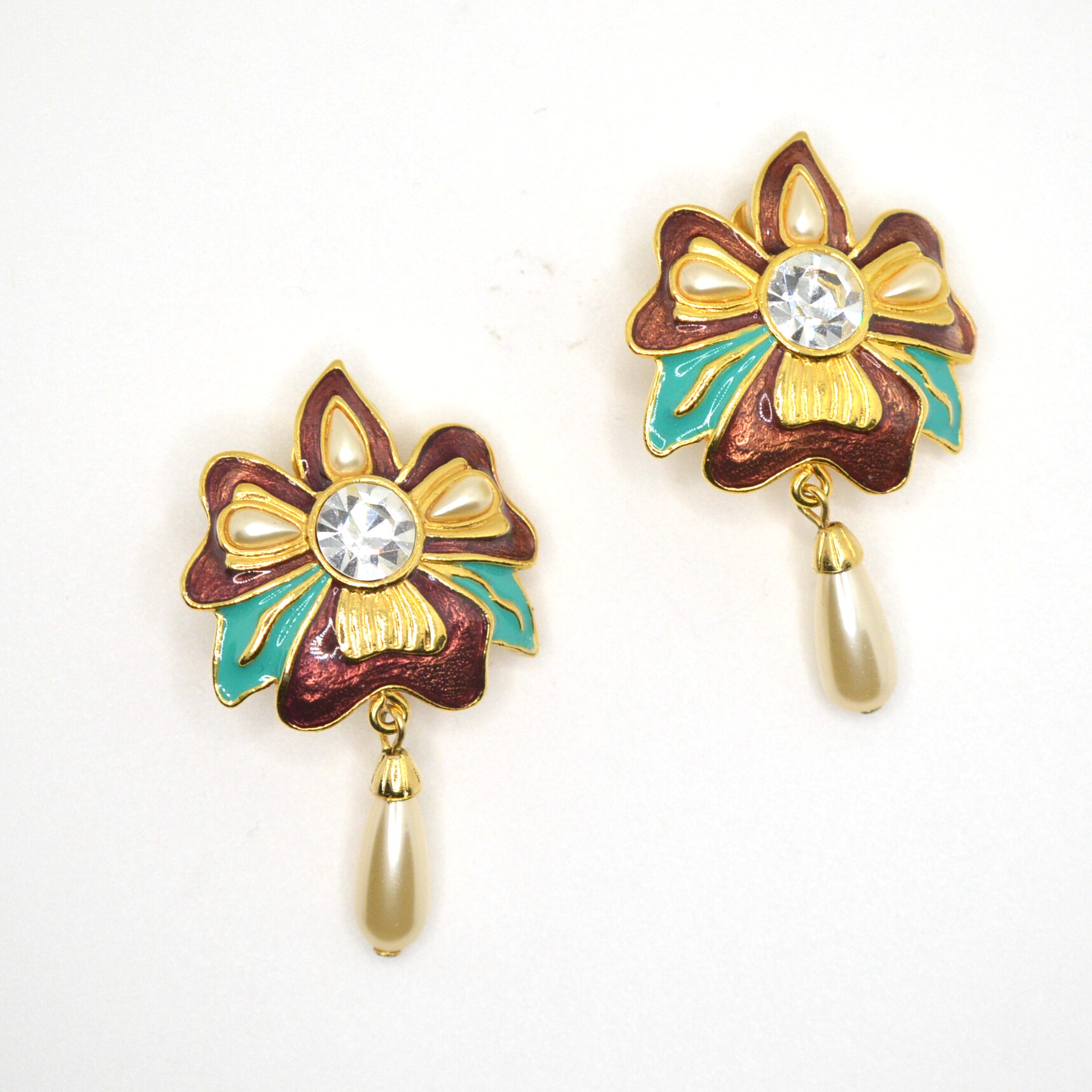 中古饰品首饰vintage Bob mackie花朵珐琅吊坠珍珠耳夹R