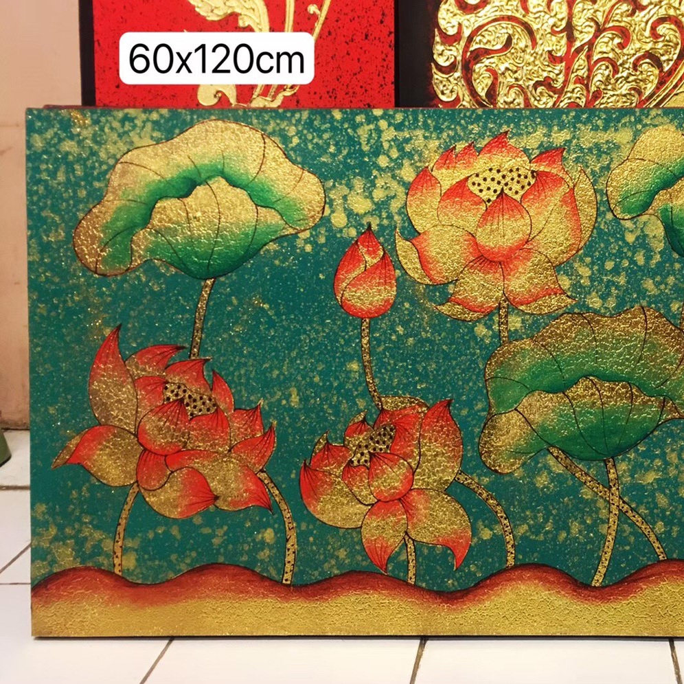 手绘油画荷花玄关装饰画东南亚