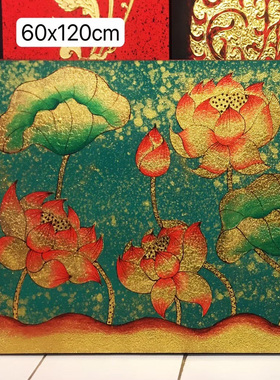手绘油画荷花玄关装饰画东南亚
