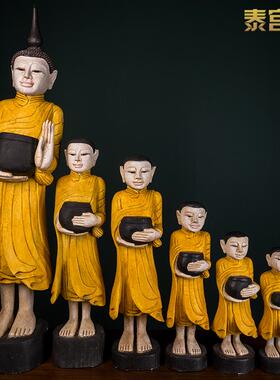 泰式风格沙弥佛像木雕人偶摆件