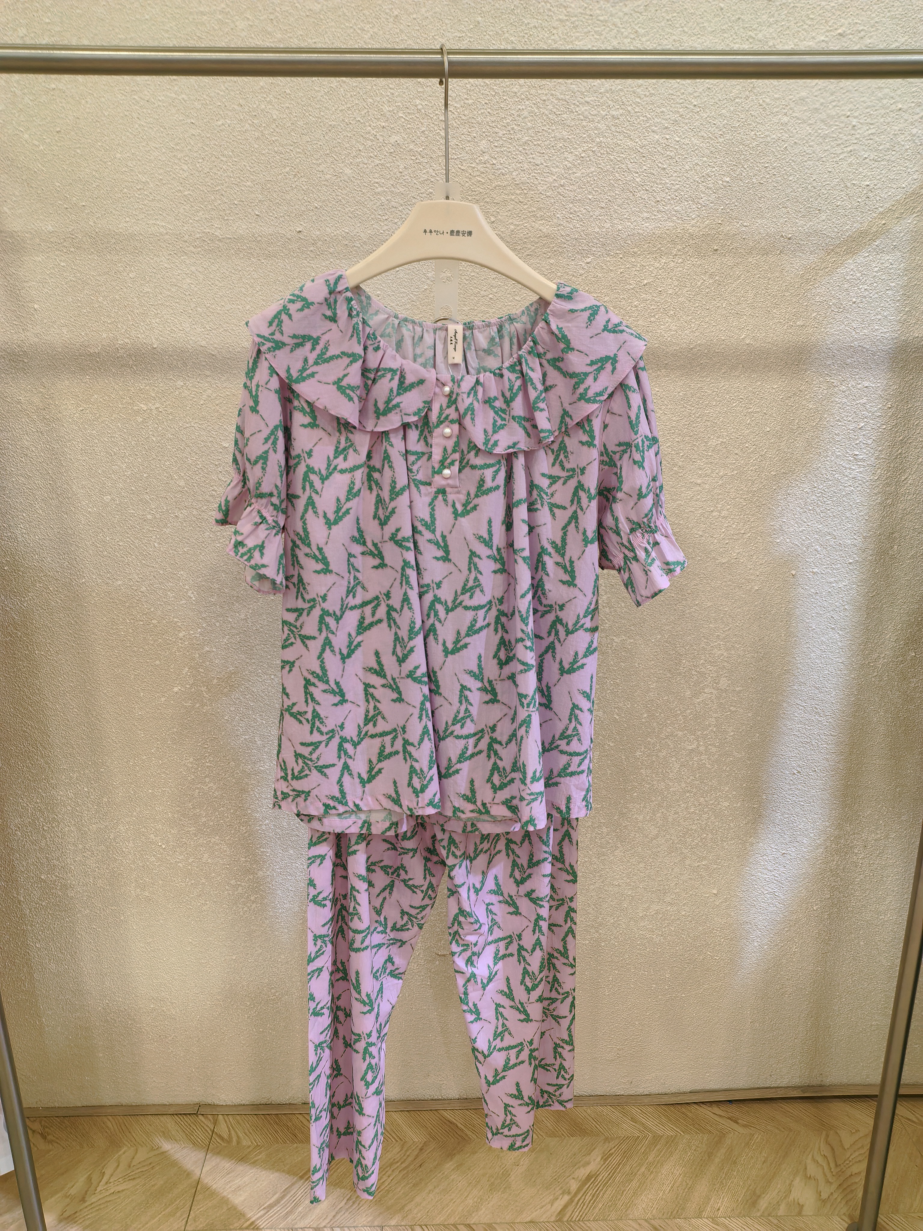 春秋女款梭织棉娃娃领公主风圆领套头半袖长裤家居服睡衣