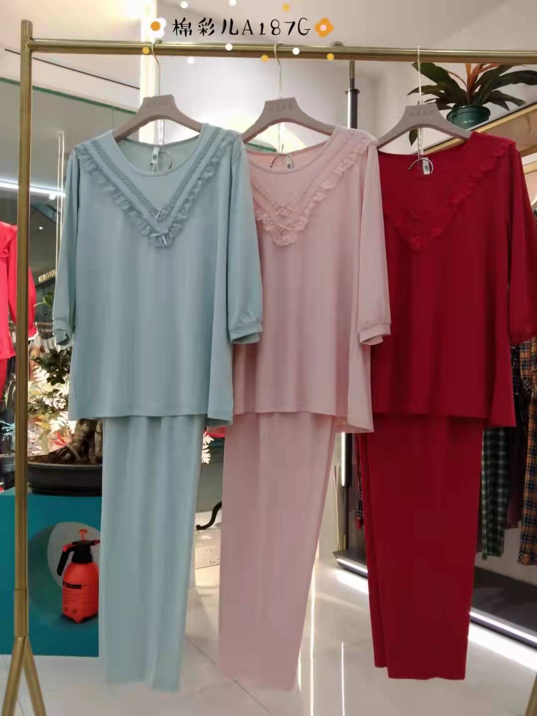 正品棉彩儿本领年喜庆红圆领套头七分袖长裤家居服睡衣a187g