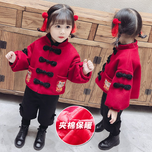 女童冬装汉服套装新款宝宝2025儿童拜年喜庆冬季加厚新年周岁唐装