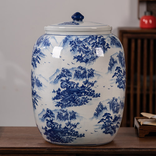 景德镇青花茶叶罐大号陶瓷储存茶密封特大茶饼罐山水储茶缸防潮