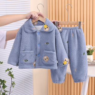 儿童法兰绒睡衣秋冬季男童宝宝珊瑚绒女童加绒加厚家居服开衫套装