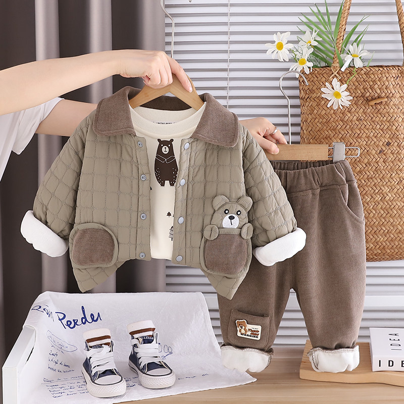 男童秋冬季加绒套装洋气男宝宝冬装加厚棉服保暖三件套婴儿童装潮