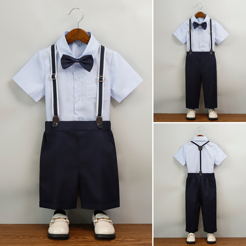 儿童礼服夏帅气男孩短袖背带裤套装男童主持走秀合唱演出服花童