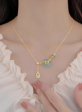 新中式翡翠平安扣项链女纯银镀18K金色国潮小葫芦吊坠复古锁骨链