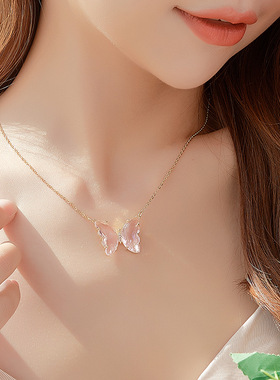日韩少女水晶玻璃蝴蝶项链欧美ins风短款锁骨链短款水晶项链时尚