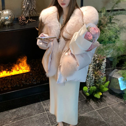 甜甜妹宝粉色大狐狸毛领羽绒服女冬季时尚气质保暖连帽短款外套