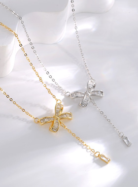 银恋原创设计S925银满钻蝴蝶结项链小众高级感流苏锁骨链项链饰品