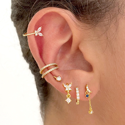 蝴蝶吊坠锆石耳扣18k金新款潮耳圈圈耳环月牙流苏ins小众套装
