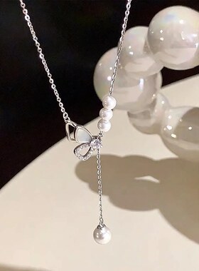 韩系镶锆蝴蝶珍珠流苏项链女纯银轻奢小众高级感锁骨链小清新项饰
