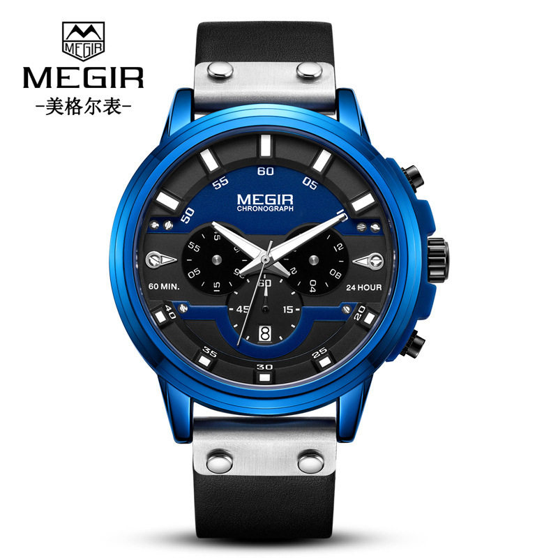 MEGIR时尚运动真三眼多功能石英男表watchformen运动手表