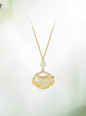 925纯银国潮平安锁和田玉项链复古新中式14k金色吊坠民族风锁骨链