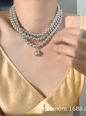 琛墨小众复古法式银灰强光珍珠串珠叠戴项链手工轻奢毛衣链长款女