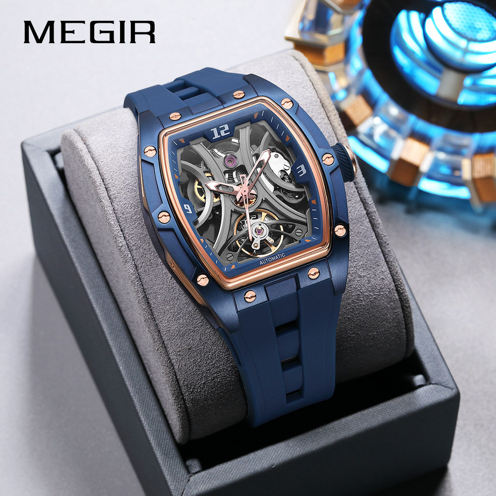 MEGIR手表新款酒桶男表钢壳全镂空自动机械表男手表Automatic