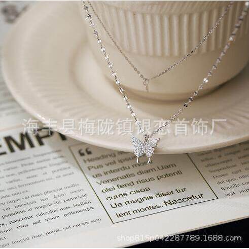 S925纯银双层镶钻蝴蝶项链闪钻小众设计感时尚锁骨链百搭套装链