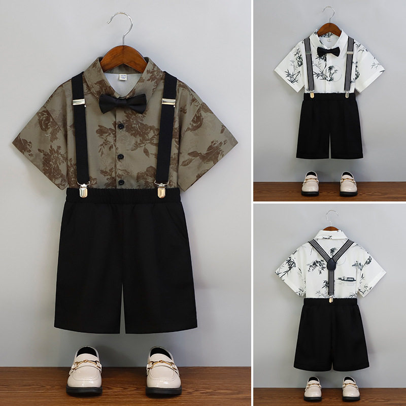 儿童背带裤套装夏季男孩新中式印花国风演出服男童主持走秀礼服