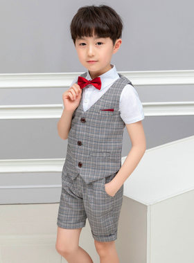 夏季新款童装男童西装马甲三件套格子演出套装六一儿童表演礼服夏