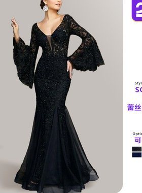 2025年新款欧美女装亚马逊连衣裙蕾丝刺绣鱼尾黑色修身晚礼服