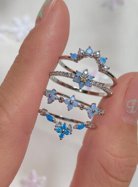 简约新款蓝色森系花朵戒指跨境时尚女式气质组合对戒镶钻手饰