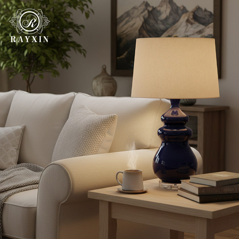 美式复古陶瓷台灯高级感客厅酒店边几装饰摆件简约氛围卧室床头灯