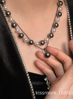 琛墨倪妮同款平替大溪地黑色人造珍珠项链小众气质叠戴轻奢毛衣链