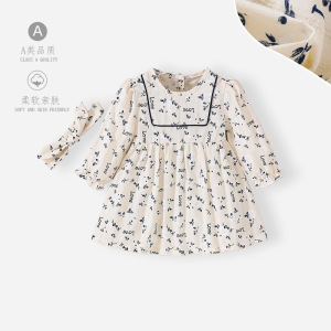 女童纯棉连衣裙2026春秋韩版宝宝洋气娃娃领LOVE蝴蝶收腰长袖裙子