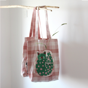 刺绣猫咪单肩包时尚粉色格子