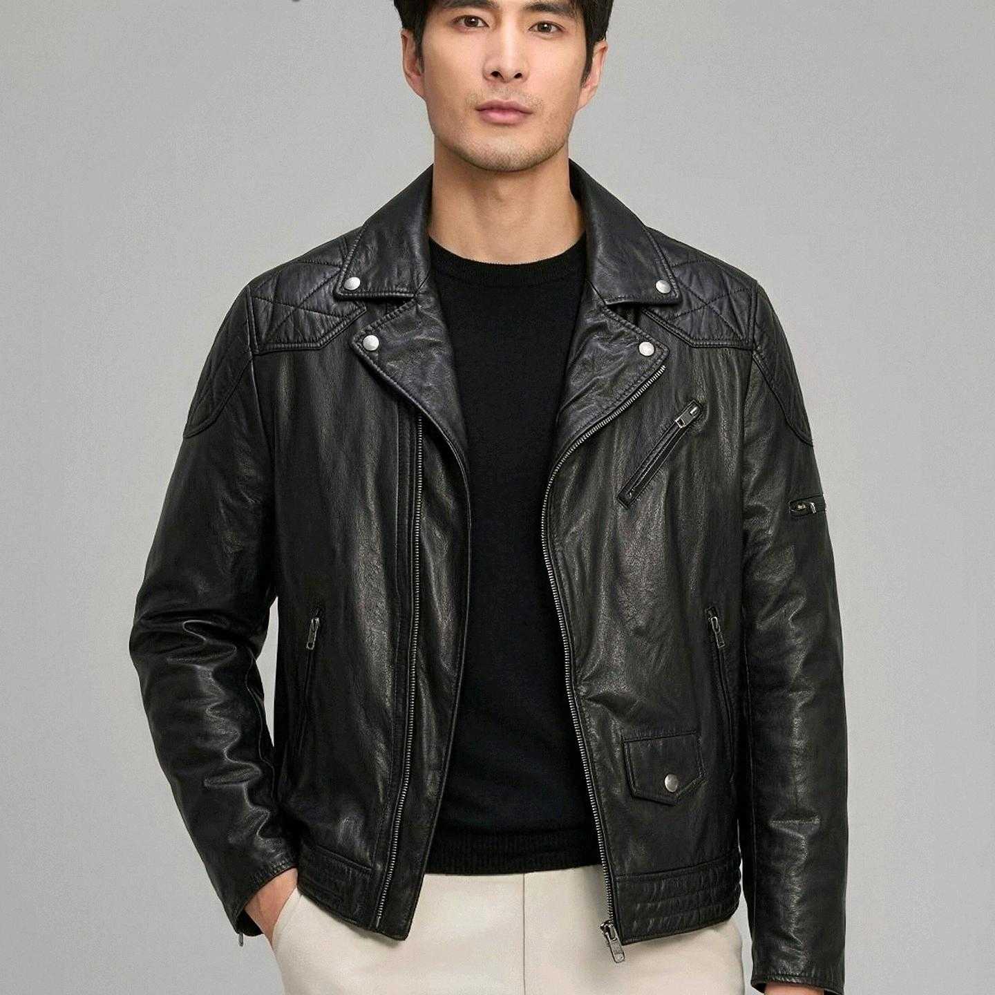 【普洛克】新款 进口头层牛皮秋皮衣男潮流机车服真皮夹克西装领