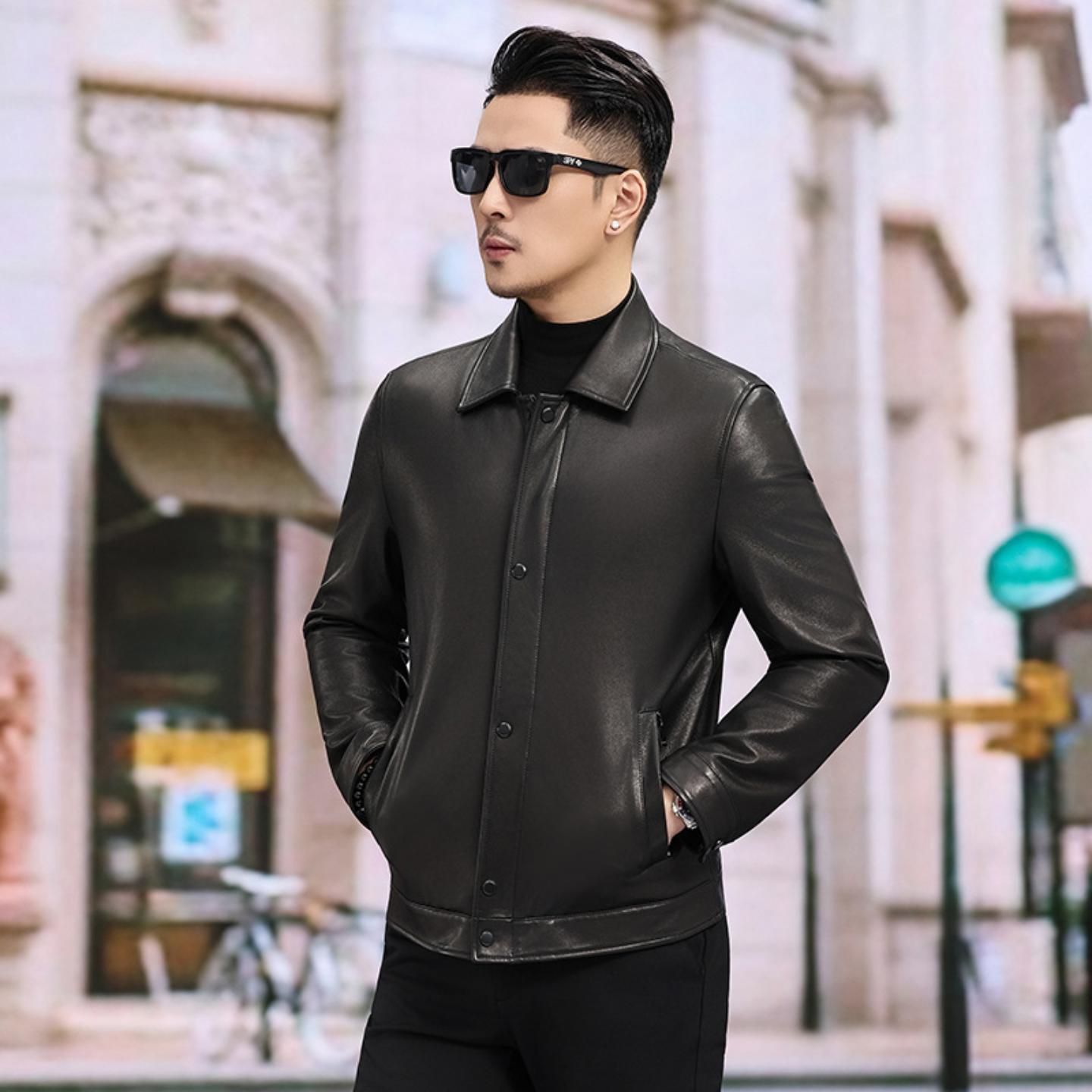 普洛克正品宁真皮皮衣皮男士翻领夹克山羊植鞣皮外套纯色百搭男装