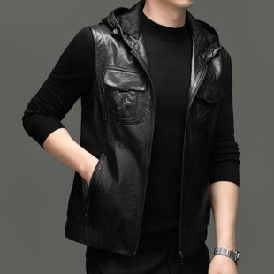 普洛克正品秋冬季羽绒马甲男款时尚马夹头层牛皮真皮保暖连帽背心