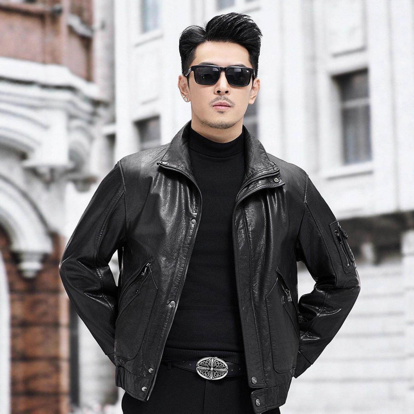 海宁新款真皮皮衣男立翻领休闲皮夹克短款头层牛皮薄款真皮外套