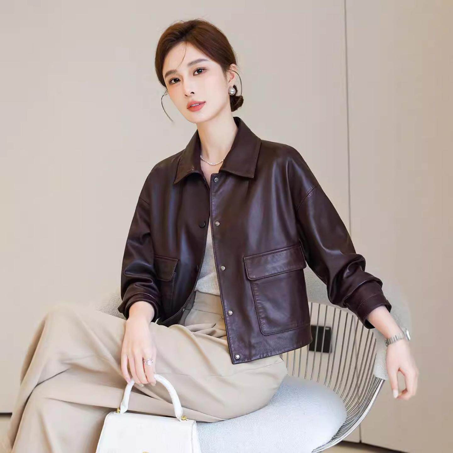 普洛克正品女装 真皮皮衣短春秋休闲绵羊皮机车夹克小个子外套