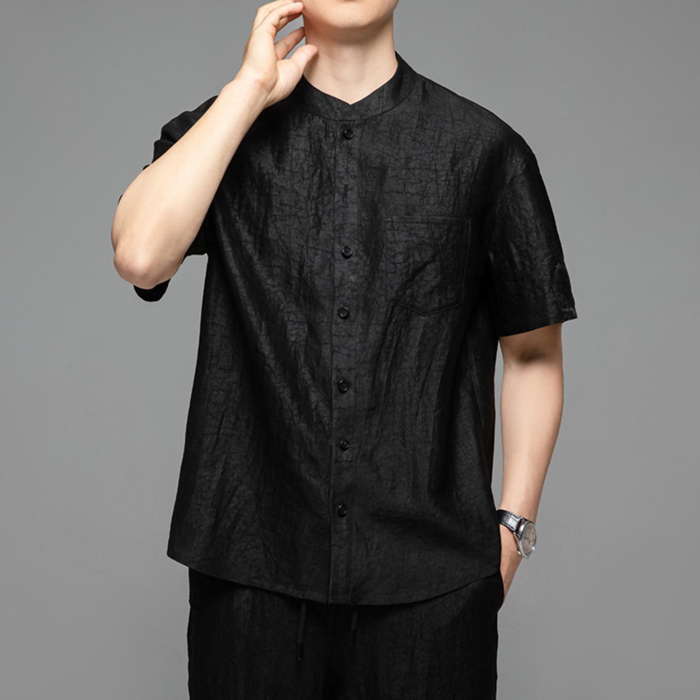 普洛克正品男装 桑蚕丝短袖衬衫立领唐装夏爸爸装高端正宗香云纱