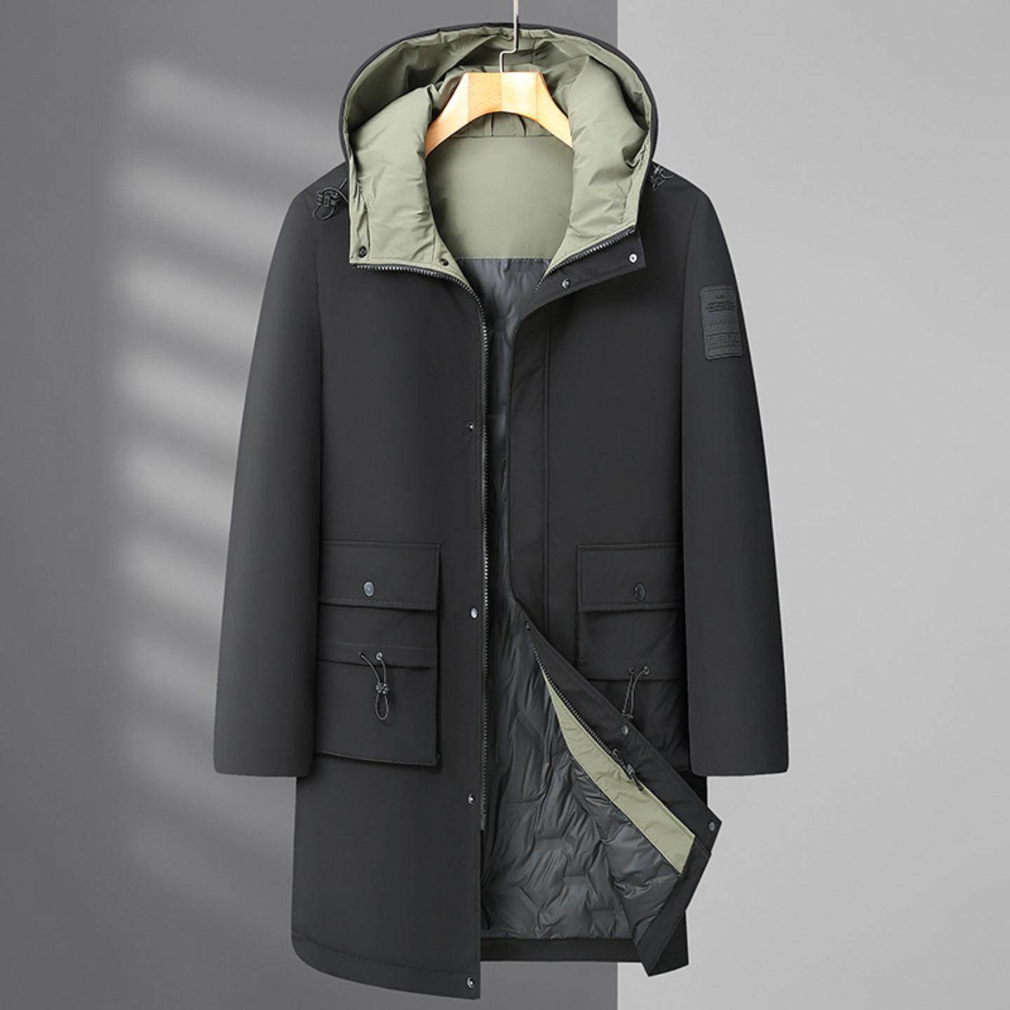 普洛克正品长款连帽潮流保暖羽绒服加大码男士加厚保暖潮男羽绒服