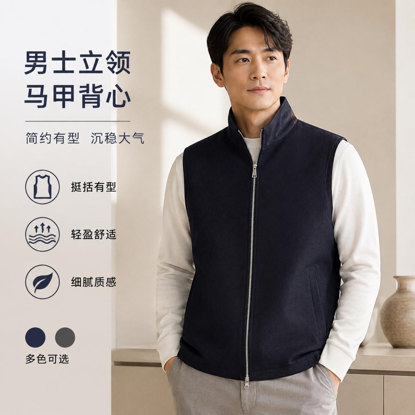 普洛克新款 男式休闲马甲春秋立领拉链版坎肩中青年商务老钱风麻