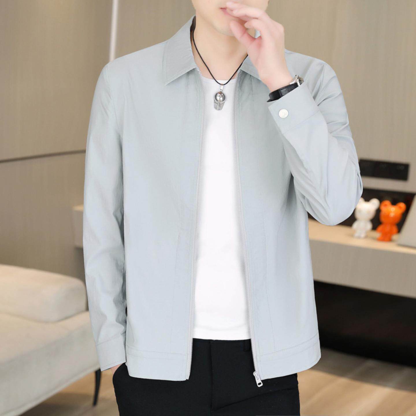 新款简约夏季冰丝薄款男士防晒衣纯色商务休闲行政夹克拉链外套