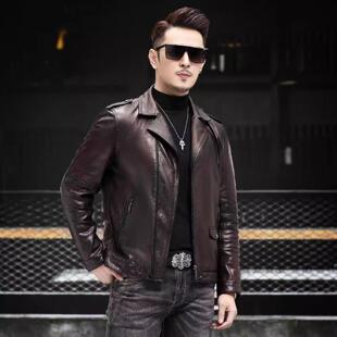 新款 领外套 真皮皮衣男机车服青年潮流绵羊皮纯皮夹克复古帅气西装