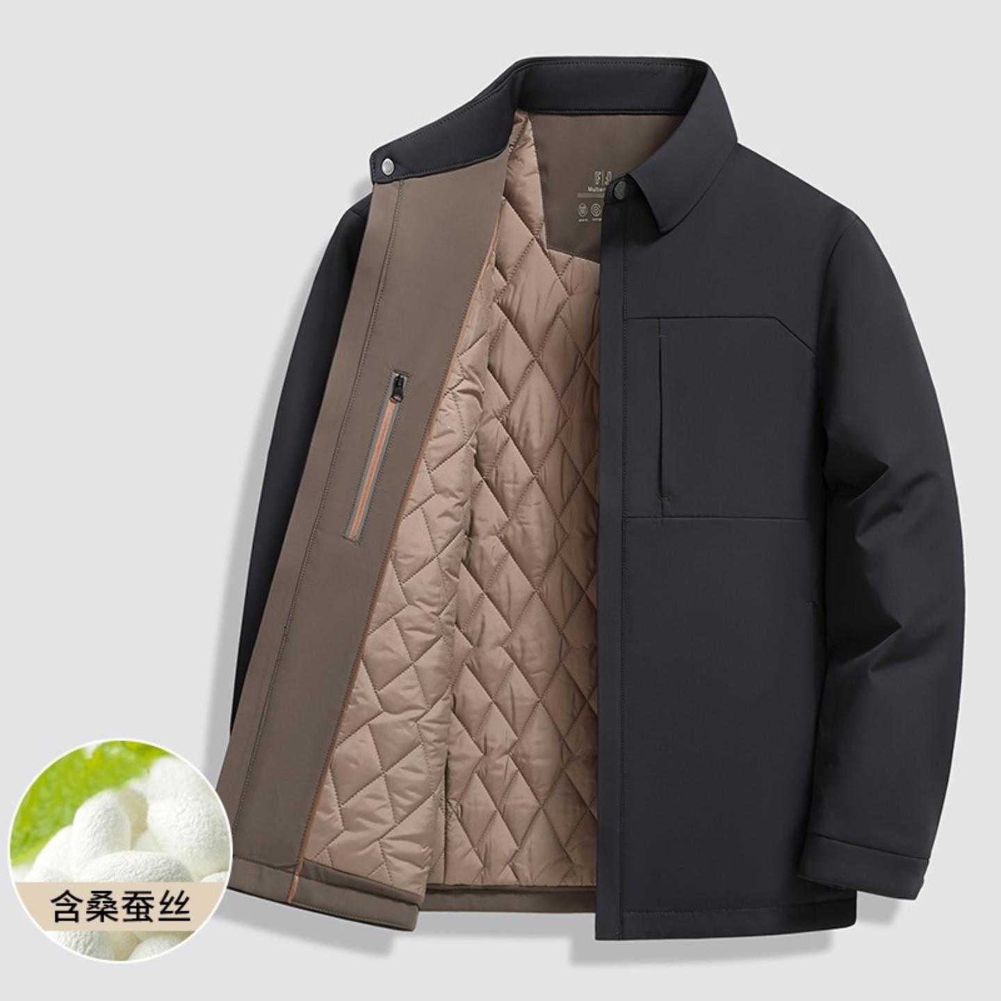 普洛克新款 男式棉服秋冬款翻领衬衣版中年商务轻便休闲桑蚕丝保