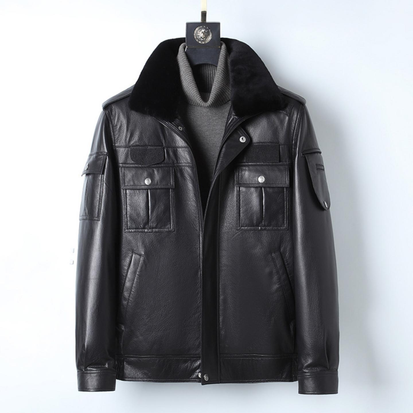 普洛克正品男装 冬执勤真皮皮衣保安服保暖山羊皮特勤夹克活里活
